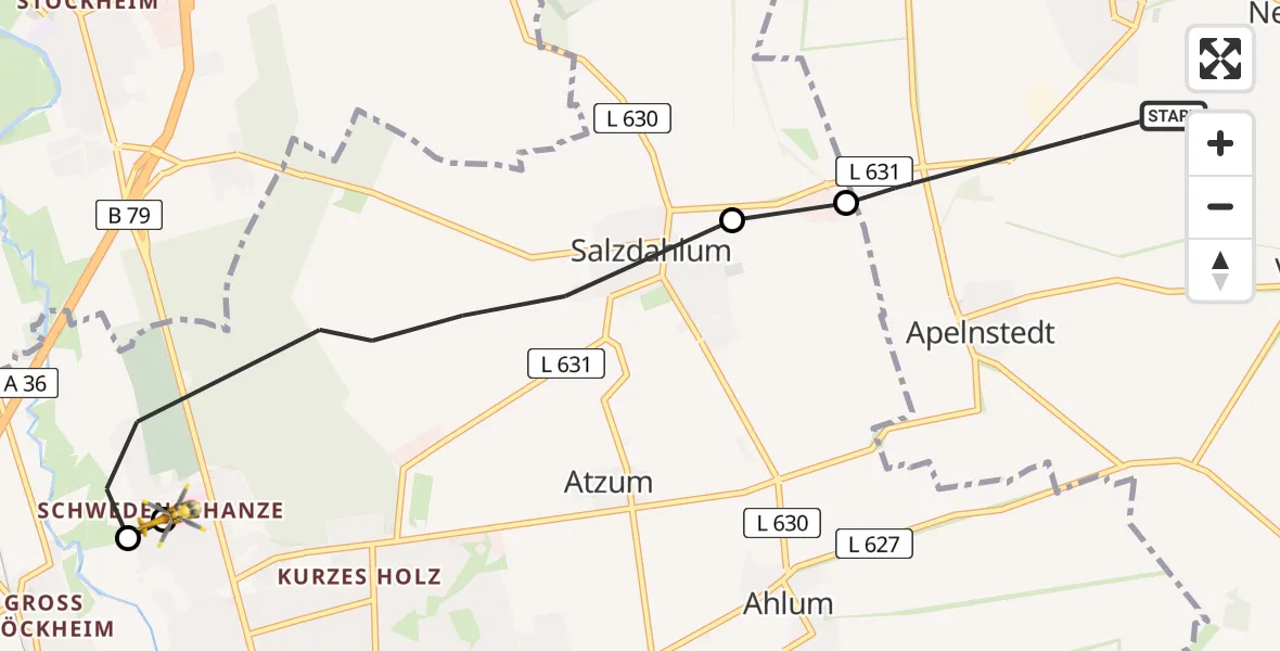 Flugroute Rettungshubschrauber Sickte - Wolfenbüttel Municipal Hospital Heliport (Christoph 30), 15 März 2026, 16:35