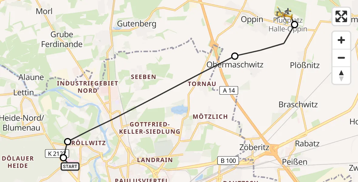 Flugroute Rettungshubschrauber Halle (Saale) University Hospital - Halle-Oppin Airfield, 15 März 2026, 16:43