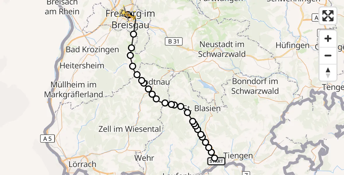 Flugroute Rettungshubschrauber Waldshut - Freiburg University Hospital Heliport 1, 15 März 2026, 16:45
