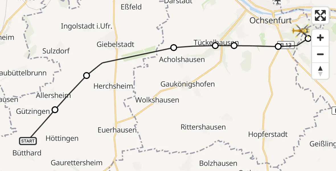 Flugroute Rettungshubschrauber Gützingen - Ochsenfurt Hospital, 15 März 2026, 16:46