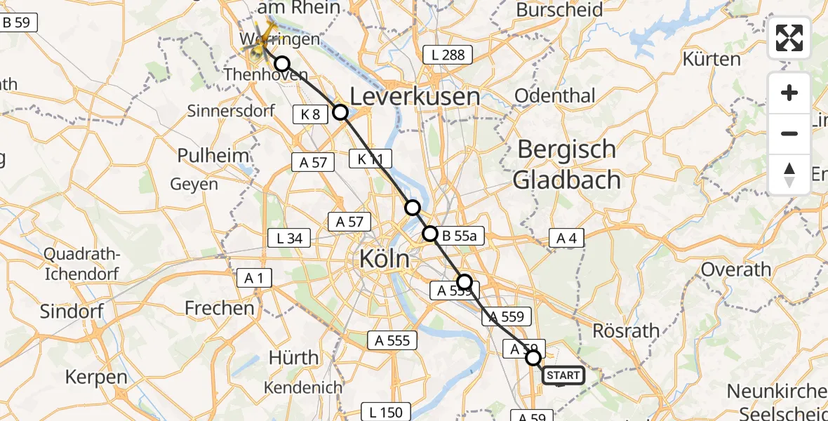 Flugroute Rettungshubschrauber Cologne Bonn Airport - Worringen, 15 März 2026, 16:51