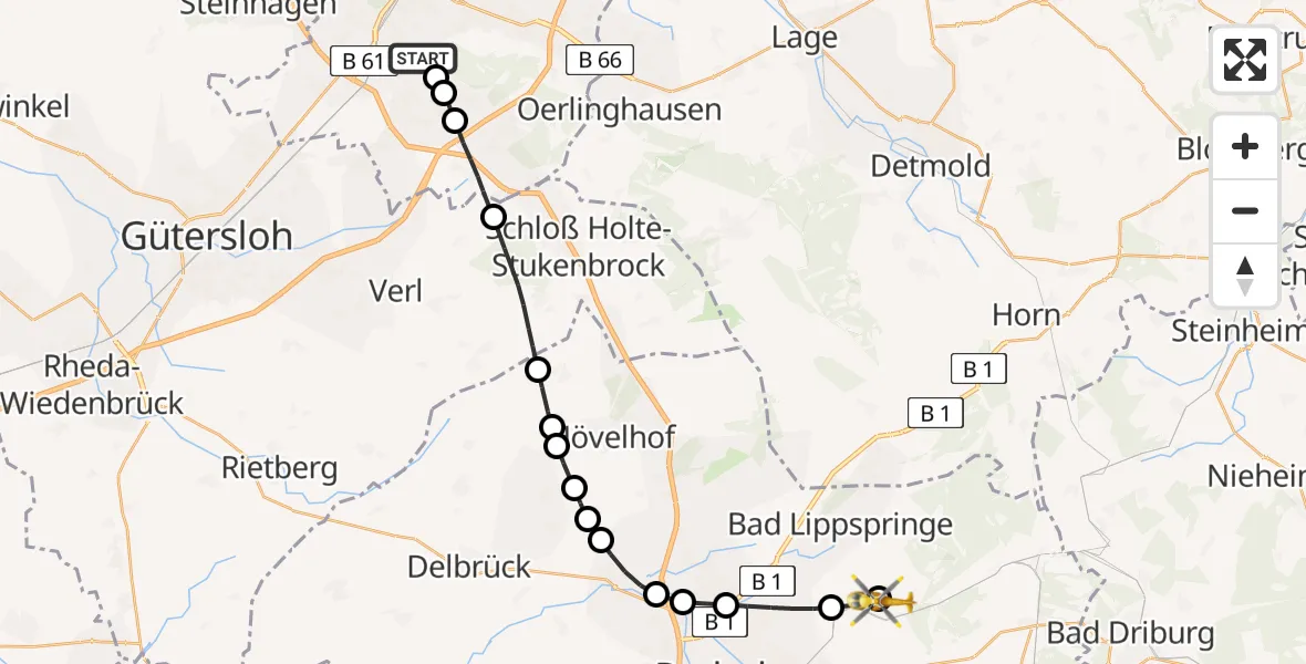 Flugroute Rettungshubschrauber Luftrettungszentrum Bielefeld - Neuenbeken, 15 März 2026, 16:59