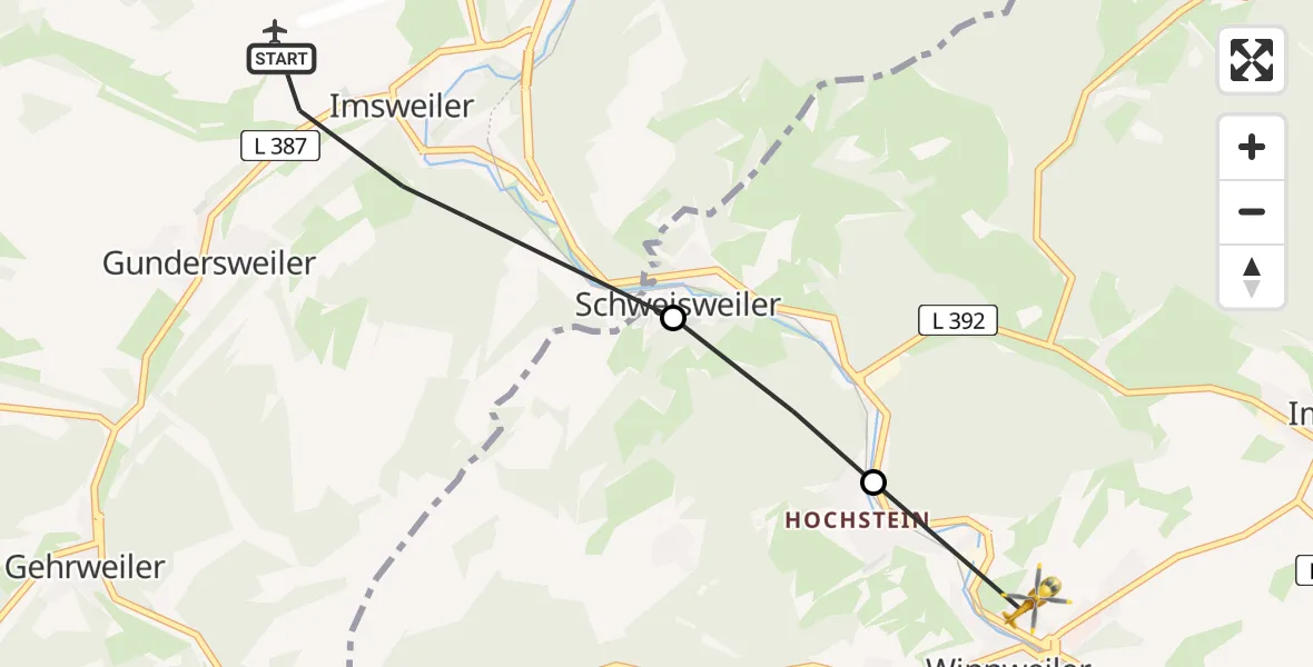 Flugroute Rettungshubschrauber Imsweiler - Winnweiler, 15 März 2026, 17:02