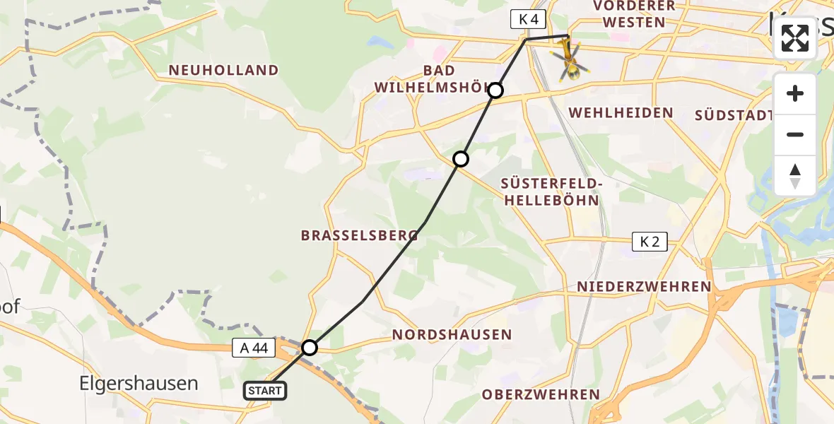Flugroute Rettungshubschrauber Elgershausen - Kassel, 15 März 2026, 17:03