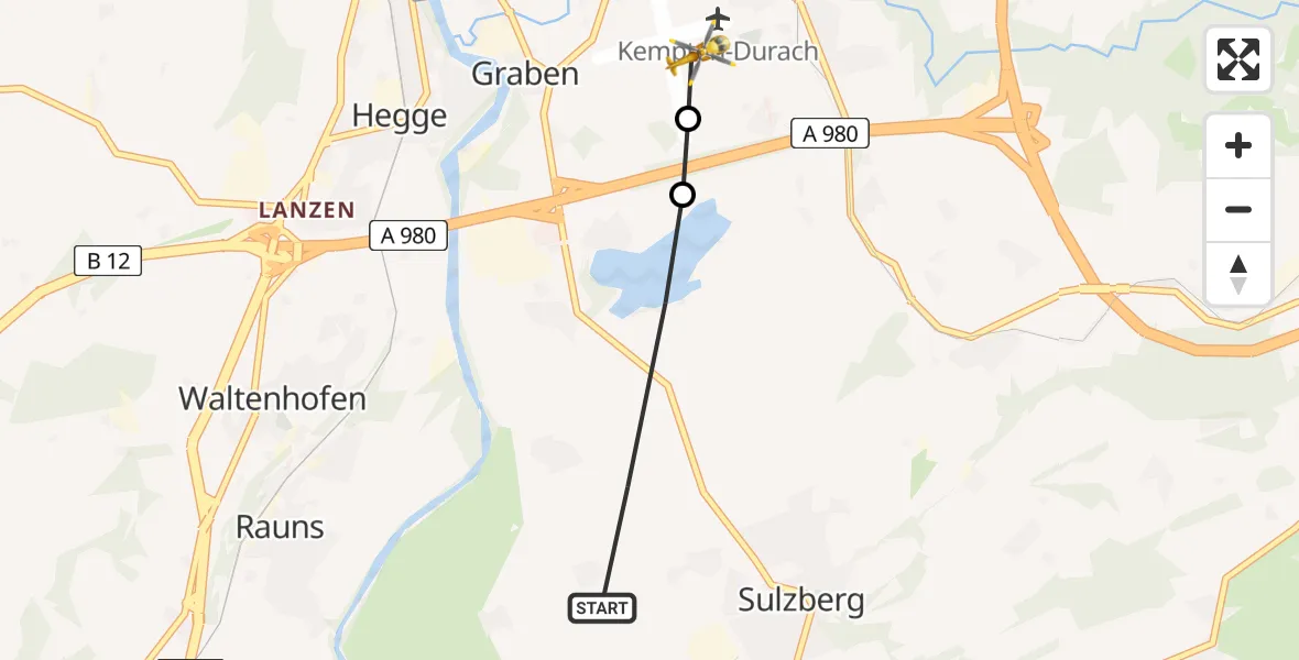 Routekaart van de vlucht: Rettungshubschrauber nach Kempten-Durach Airfield