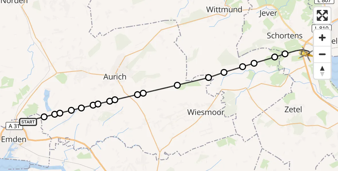 Flugroute Rettungshubschrauber Emden - Sande, 15 März 2026, 17:13