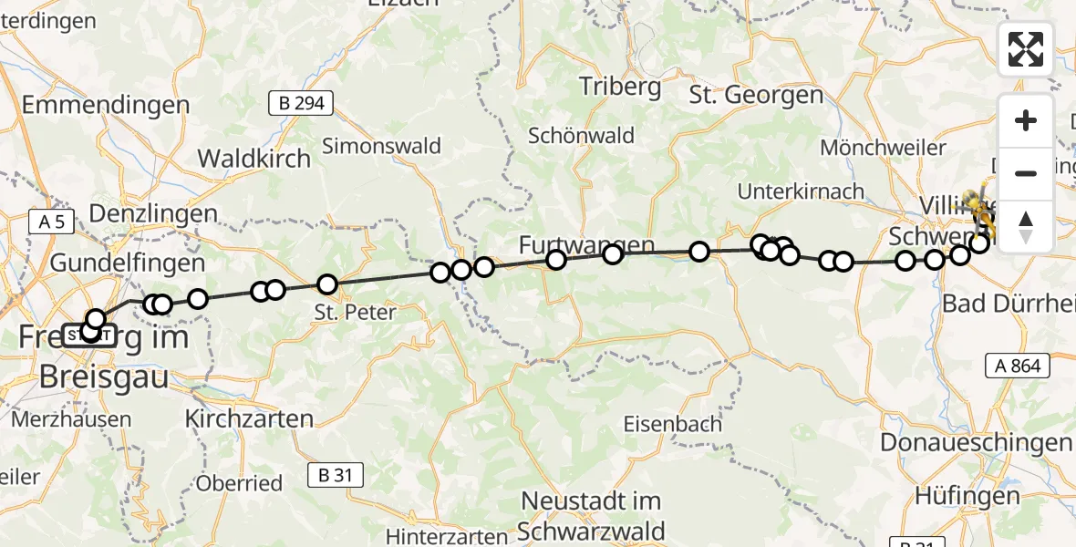 Flugroute Rettungshubschrauber Freiburg University Hospital Heliport 1 - DRF Air Rescue Station Villingen-Schwenningen Heliport (Christoph 11), 15 März 2026, 17:23