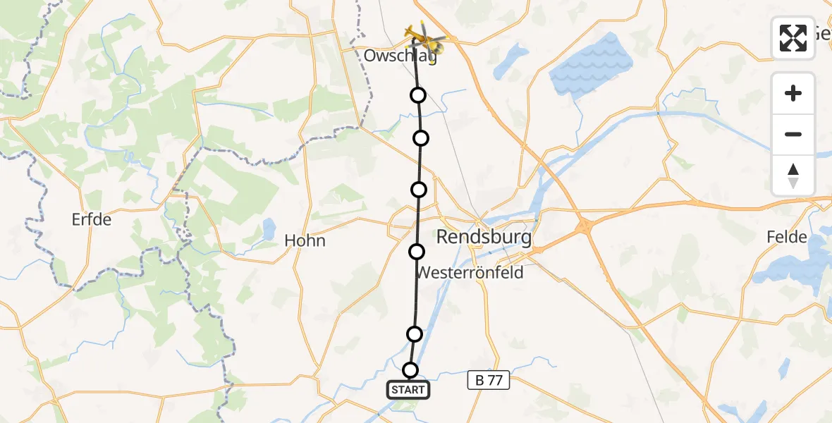 Flugroute Rettungshubschrauber Rendsburg-Schachtholm Airfield - Owschlag, 15 März 2026, 17:28