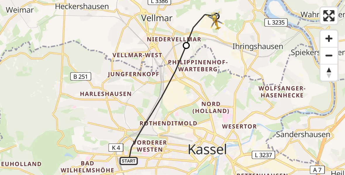 Flugroute Rettungshubschrauber Kassel - Fuldatal Federal Police Heliport, 15 März 2026, 17:30