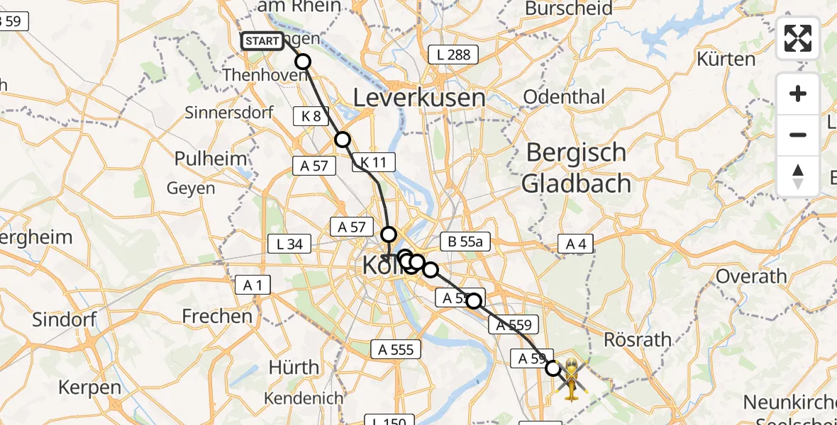 Flugroute Rettungshubschrauber Worringen - Cologne Bonn Airport, 15 März 2026, 17:35