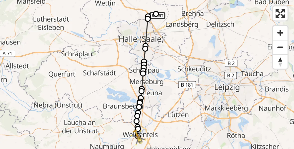 Flugroute Ambulanzhubschrauber Halle-Oppin Airfield - Asklepios Clinic Weißenfels, 15 März 2026, 17:59