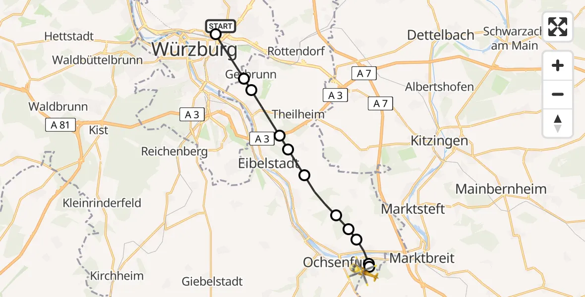 Routekaart van de vlucht: Rettungshubschrauber nach Ochsenfurt Hospital Heliport
