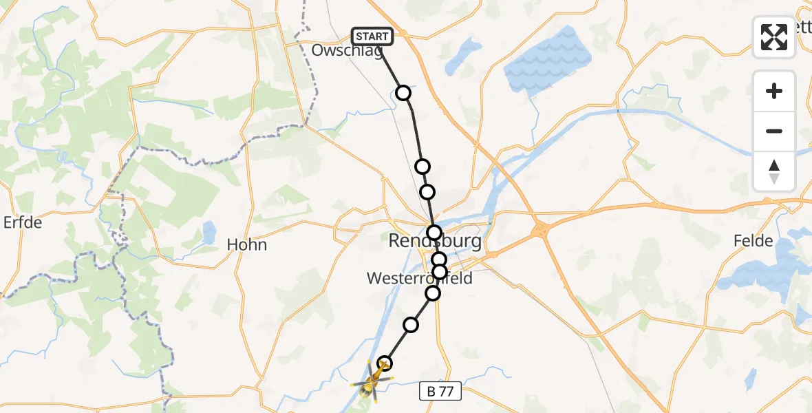 Routekaart van de vlucht: Rettungshubschrauber nach Schülp bei Rendsburg, Am Rüsterbergen