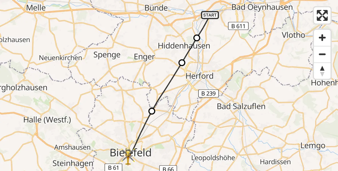 Flugroute Rettungshubschrauber Löhne - Bielefeld, 15 März 2026, 18:16