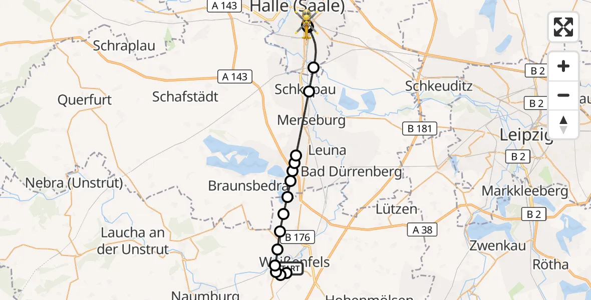 Flugroute Ambulanzhubschrauber Asklepios Clinic Weißenfels - BG Hospital Bergmannstrost Halle, 15 März 2026, 18:34