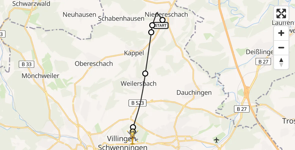 Flugroute Rettungshubschrauber Kappel - DRF Air Rescue Station Villingen-Schwenningen Heliport (Christoph 11), 15 März 2026, 18:38
