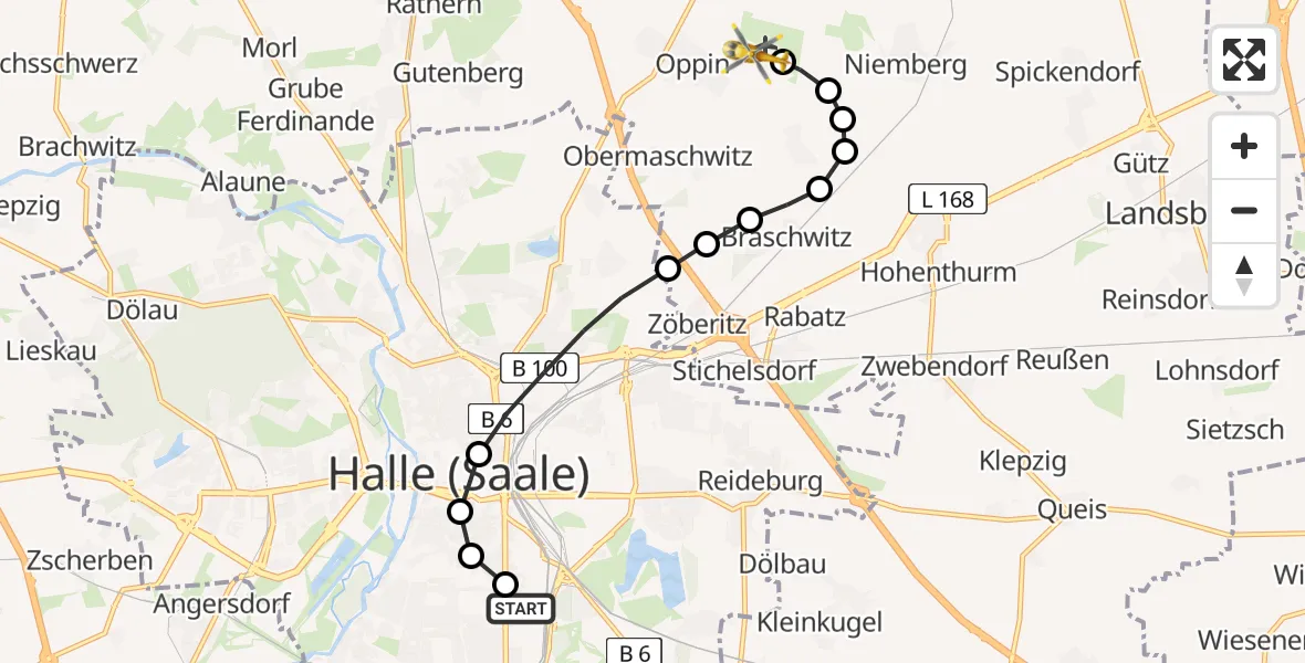 Flugroute Ambulanzhubschrauber BG Hospital Bergmannstrost Halle - Halle-Oppin Airfield, 15 März 2026, 19:07