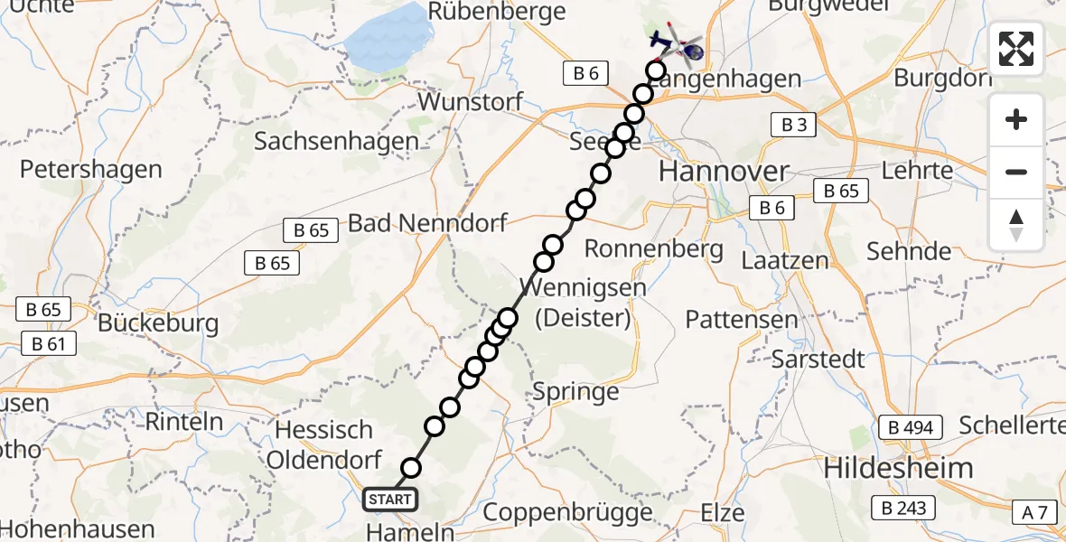 Flugroute Polizeihubschrauber Hameln - Hannover Airport, 15 März 2026, 20:59