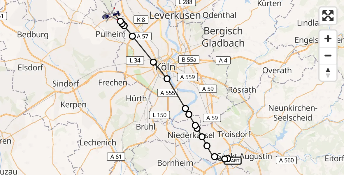 Flugroute Polizeihubschrauber Sankt Augustin - Sinnersdorf, 15 März 2026, 21:24