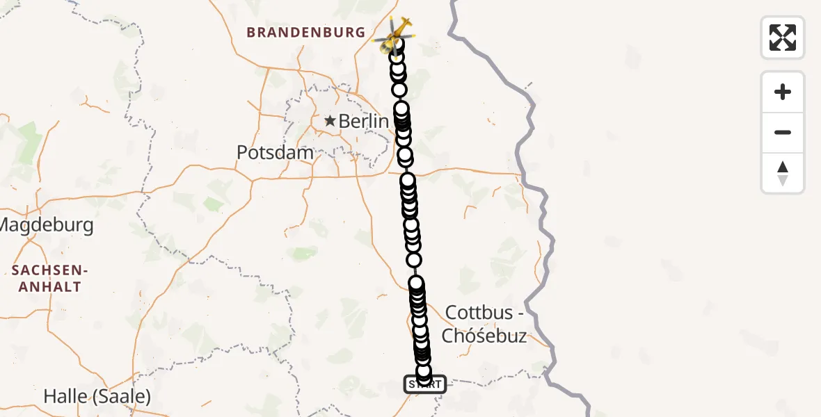 Flugroute Ambulanzhubschrauber Senftenberg - Eberswalde, 15 März 2026, 21:37