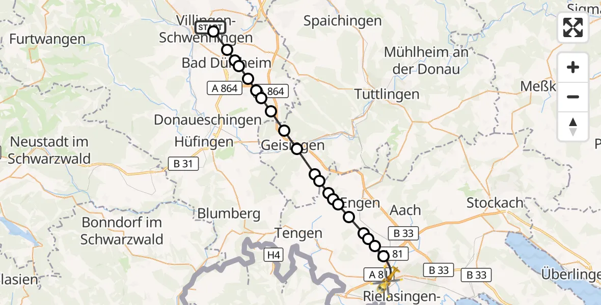 Flugroute Rettungshubschrauber DRF Air Rescue Station Villingen-Schwenningen Heliport (Christoph 11) - Singen (Hohentwiel), 15 März 2026, 22:36