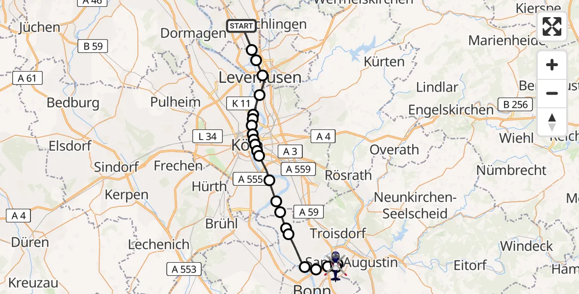 Flugroute Polizeihubschrauber Langenfeld (Rheinland) - Sankt Augustin, 15 März 2026, 22:41