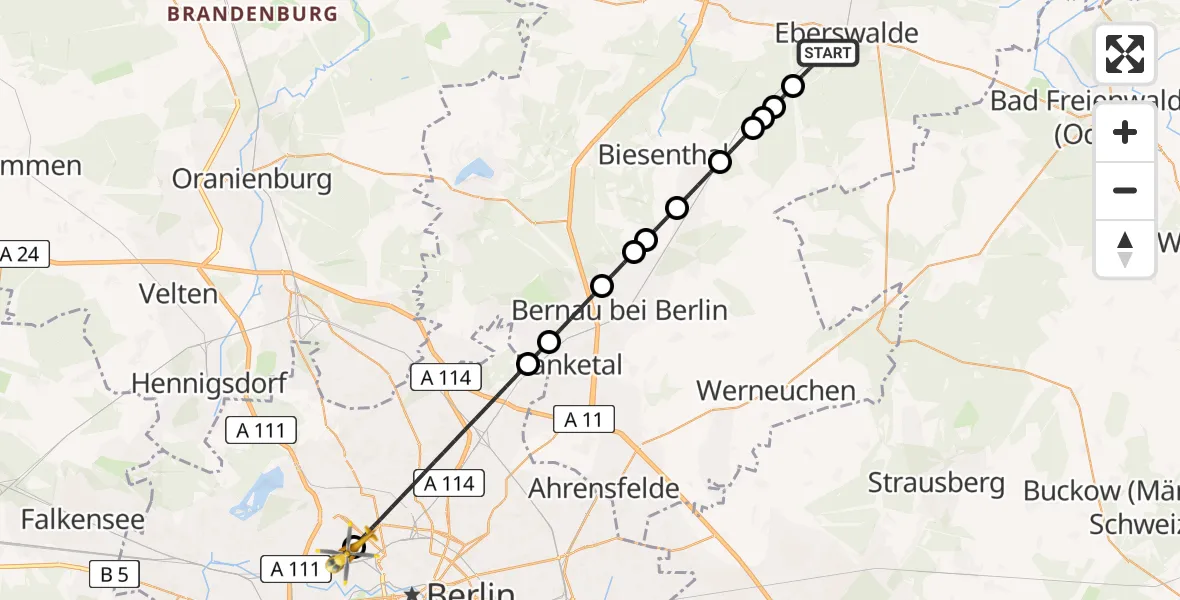 Flugroute Ambulanzhubschrauber Eberswalde - Charité Clinic Virchow Campus Heliport, 15 März 2026, 22:50