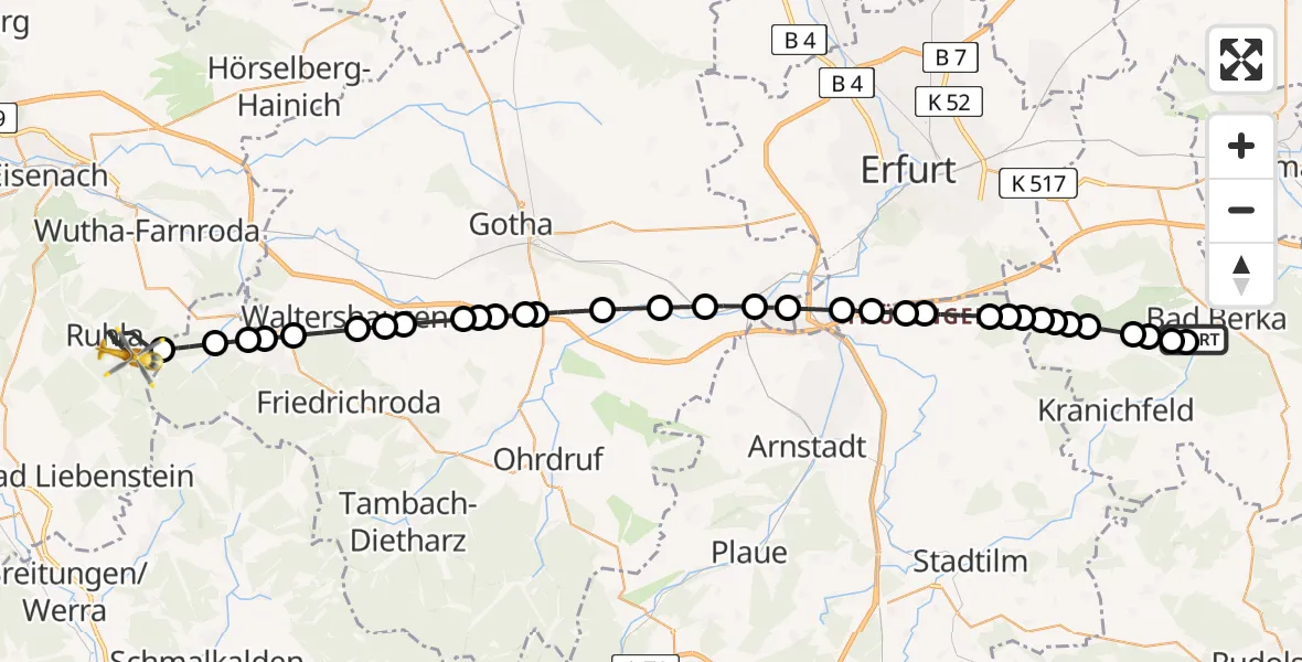 Flugroute Ambulanzhubschrauber Bad Berka Central Hospital - Ruhla, 15 März 2026, 23:01