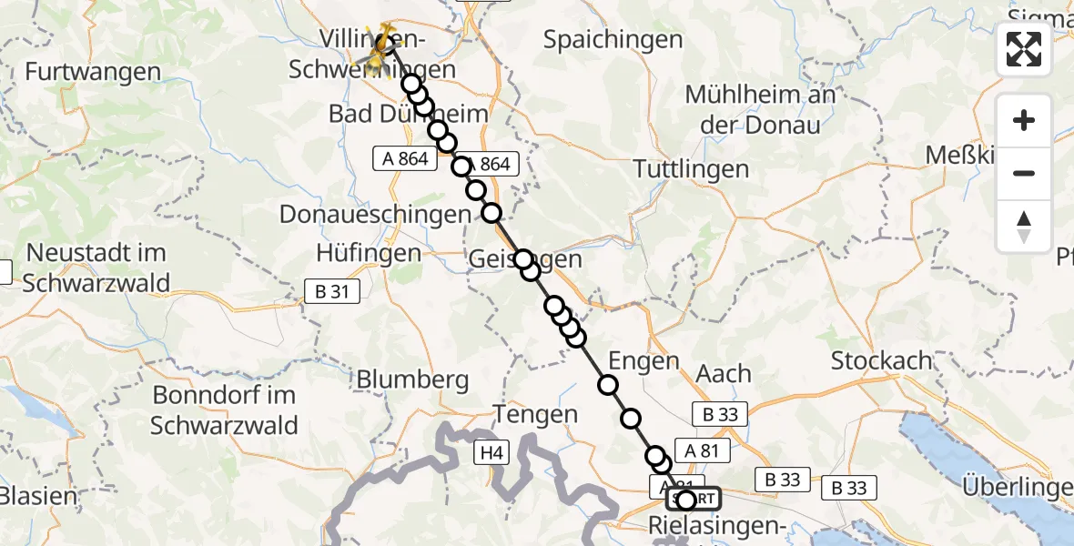 Flugroute Rettungshubschrauber Singen (Hohentwiel) - DRF Air Rescue Station Villingen-Schwenningen Heliport (Christoph 11), 15 März 2026, 23:19