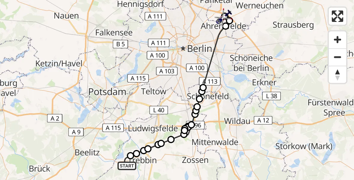 Flugroute Polizeihubschrauber Schönhagen - Ahrensfelde Heliport, 15 März 2026, 23:47