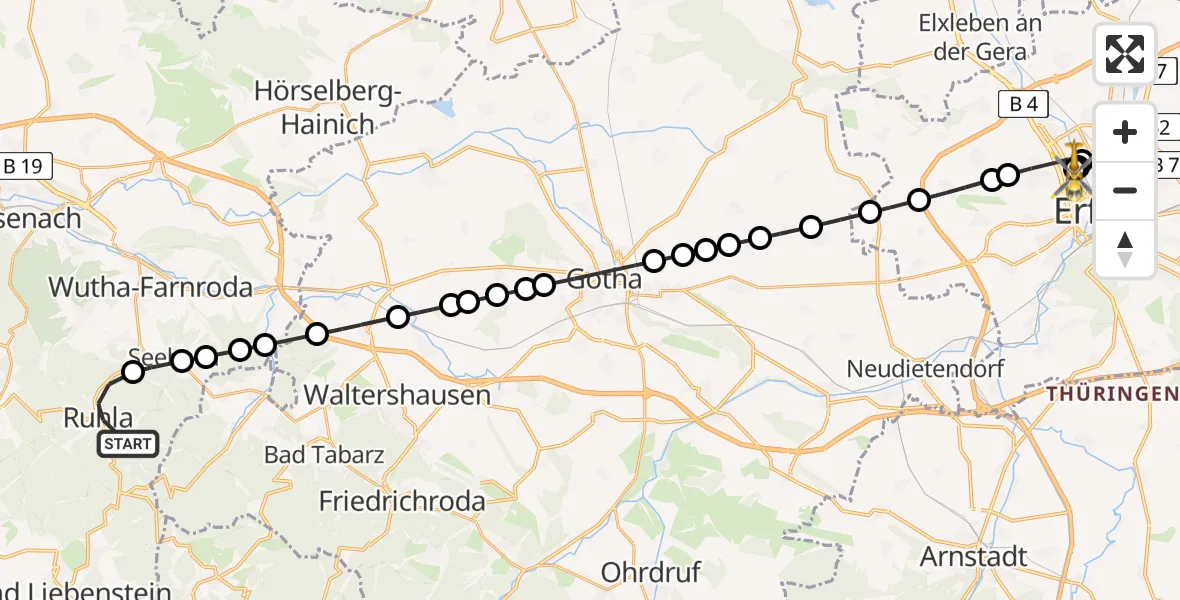 Flugroute Ambulanzhubschrauber Ruhla - Helios Clinic Erfurt, 15 März 2026, 23:51