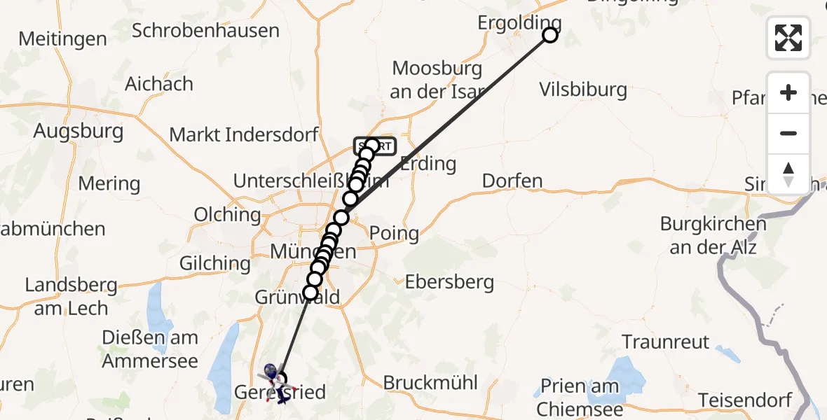Flugroute Polizeihubschrauber Munich Airport - Geretsried, 16 März 2026, 03:32