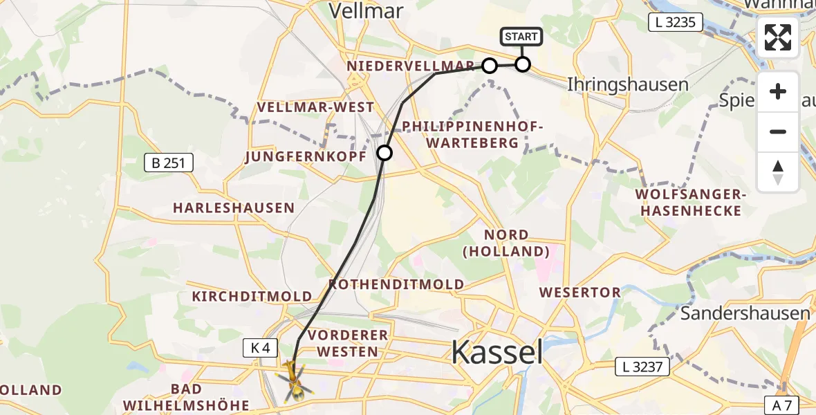 Flugroute Rettungshubschrauber Fuldatal Federal Police Heliport - Kassel, 16 März 2026, 06:06