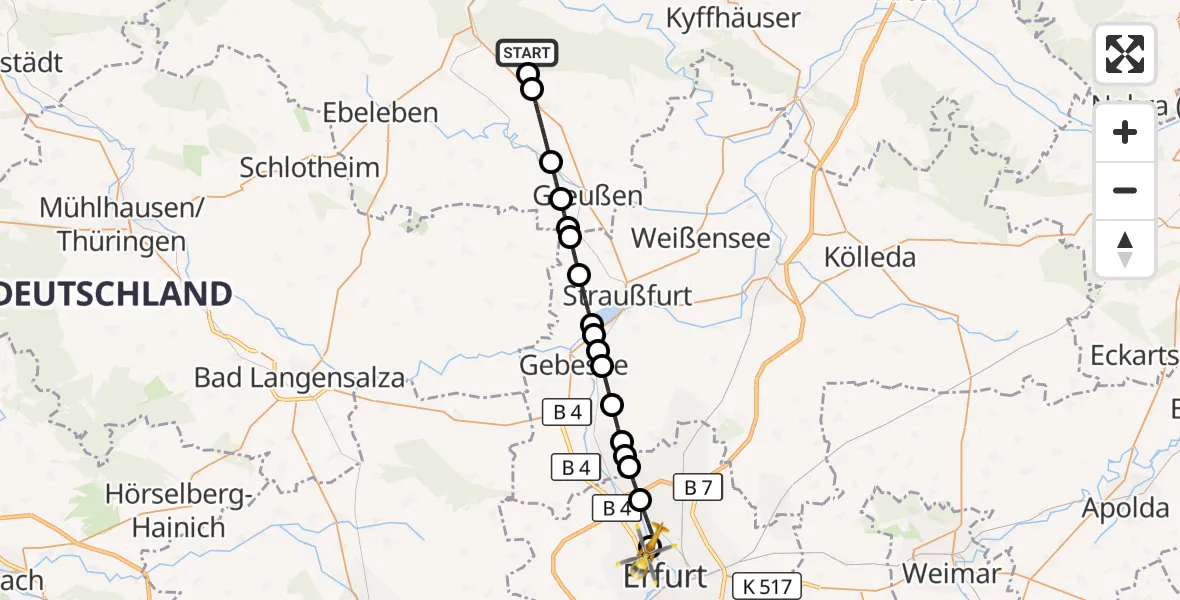 Flugroute Ambulanzhubschrauber Sondershausen - Helios Clinic Erfurt, 16 März 2026, 06:26