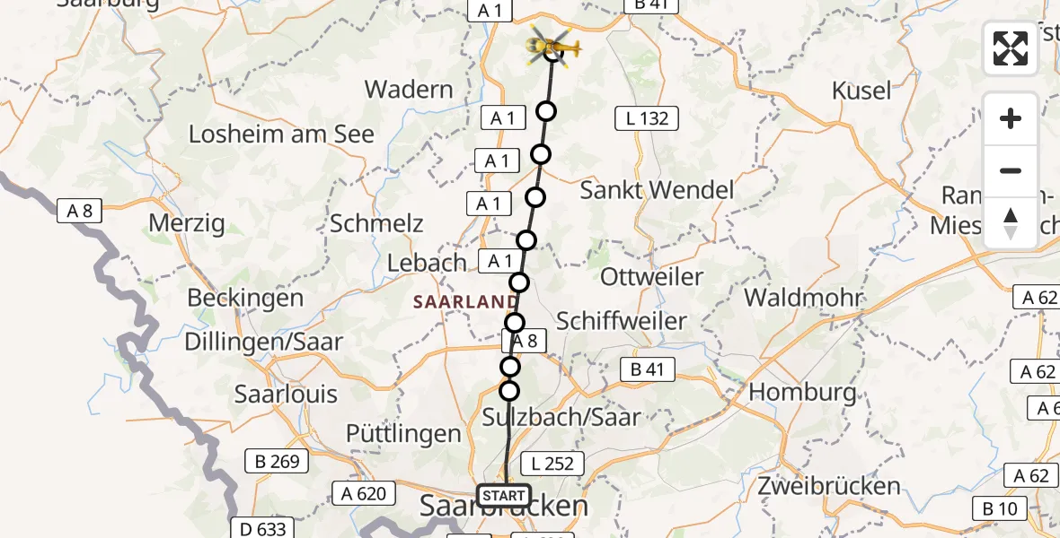 Flugroute Rettungshubschrauber Saarbrücken - Bosen, 16 März 2026, 06:27