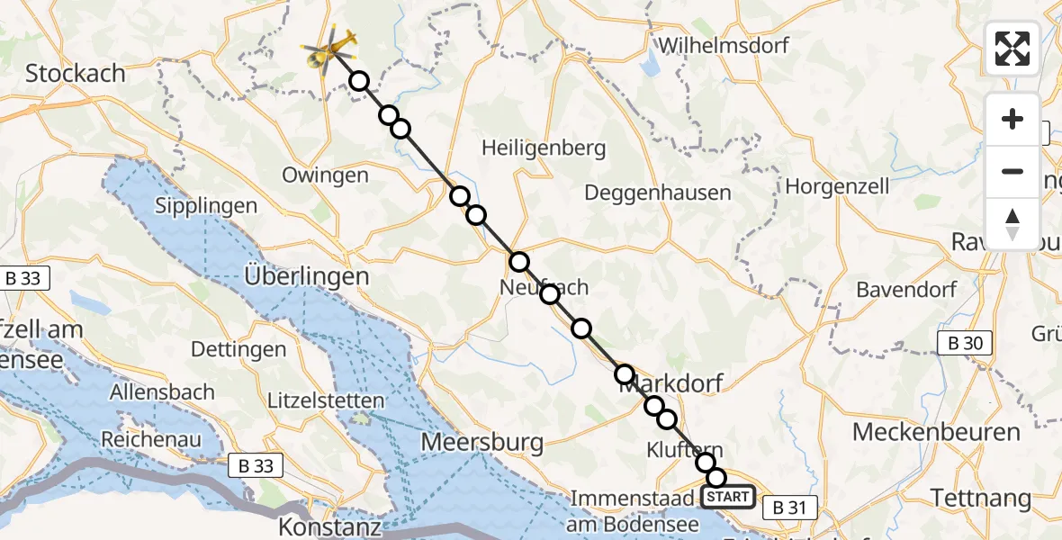 Routekaart van de vlucht: Rettungshubschrauber nach Herdwangen, Friedrichshafen Hospital