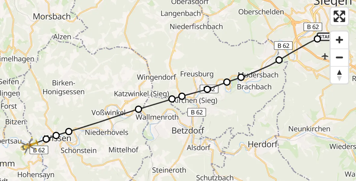 Flugroute Rettungshubschrauber Evangelisches Jung-Stilling Hospital - Wissen, 16 März 2026, 06:33