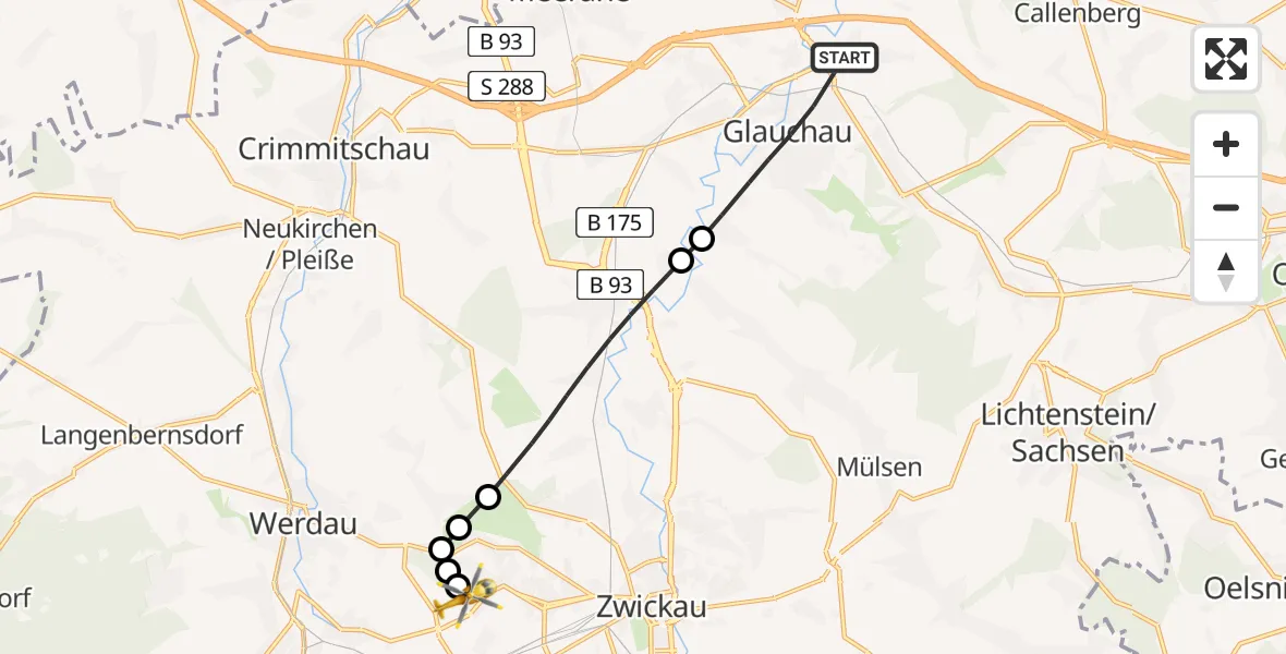 Routekaart van de vlucht: Rettungshubschrauber nach ADAC Air Rescue Station Zwickau Heliport