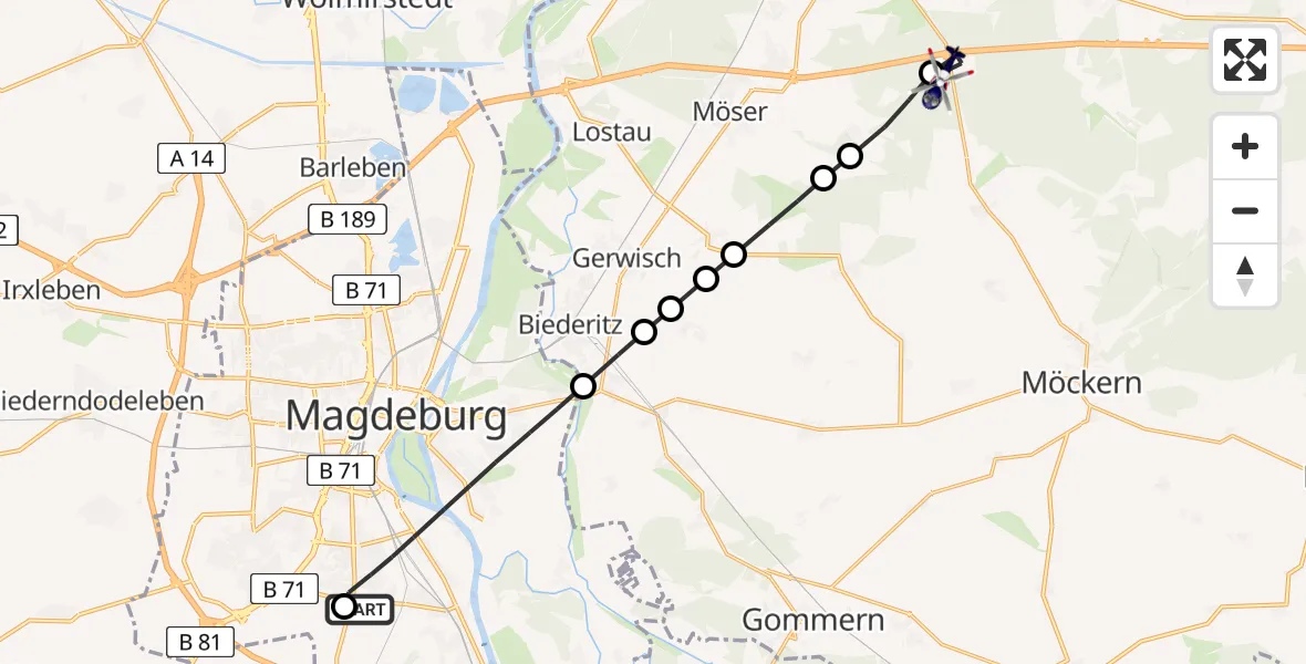 Flugroute Polizeihubschrauber Magdeburg City Airfield - Burg, 16 März 2026, 06:50