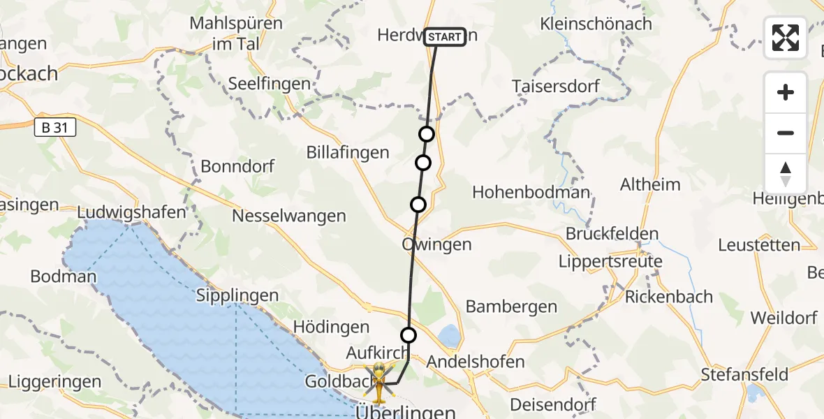 Flugroute Rettungshubschrauber Herdwangen - Aufkirch, 16 März 2026, 07:08