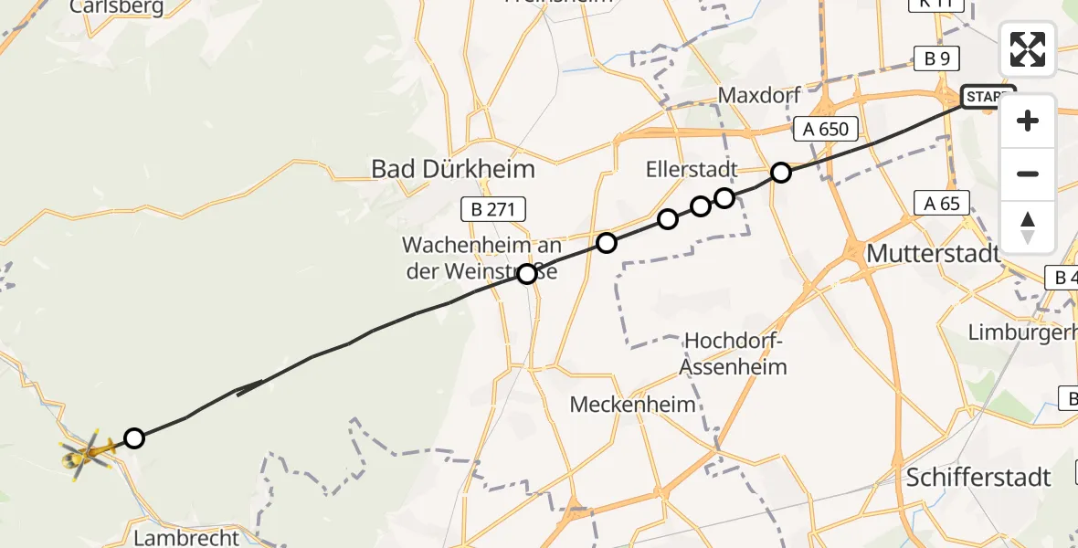 Flugroute Rettungshubschrauber Ludwigshafen am Rhein - Neidenfels, 16 März 2026, 07:18