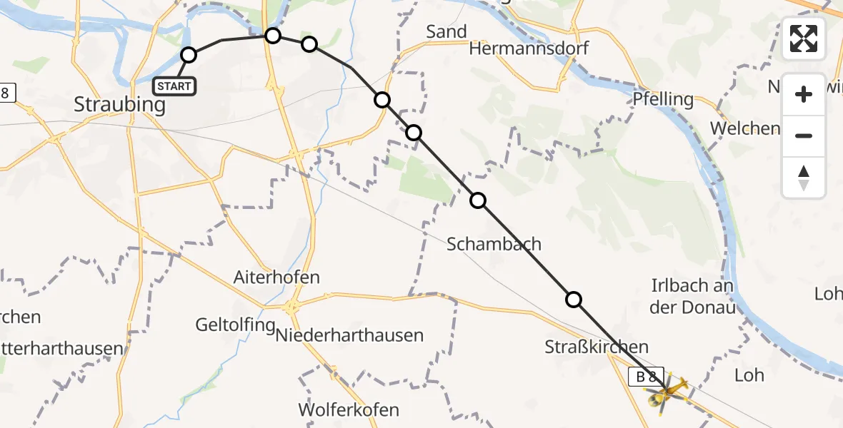 Flugroute Rettungshubschrauber Sankt Elisabeth Hospital Straubing - Straßkirchen, 16 März 2026, 07:28