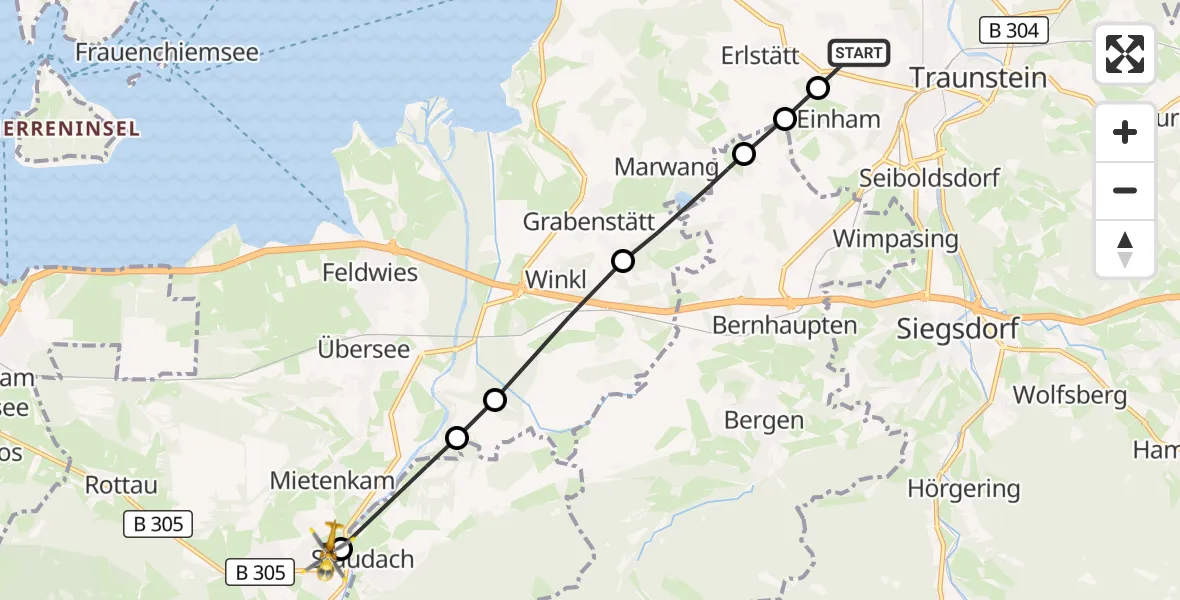 Flugroute Rettungshubschrauber Gemarkung Wolkersdorf - Grassau, 16 März 2026, 07:46