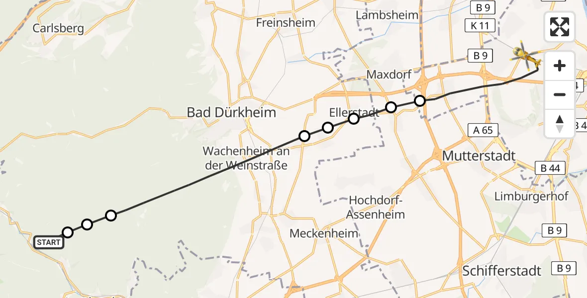 Flugroute Rettungshubschrauber Neidenfels - Ludwigshafen Accident Hospital Heliport, 16 März 2026, 07:48