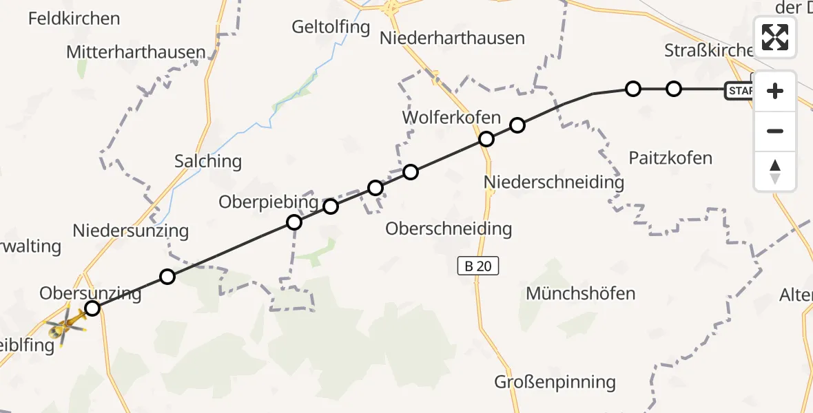 Flugroute Rettungshubschrauber Straßkirchen - Obersunzing, 16 März 2026, 07:49