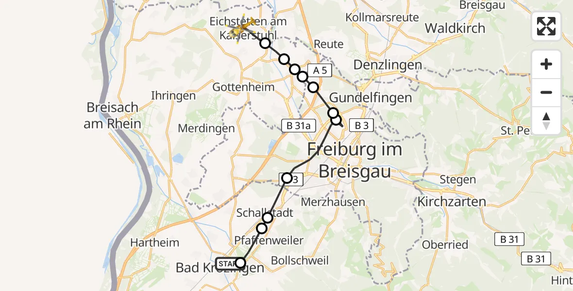 Flugroute Rettungshubschrauber Bad Krozingen (Kernstadt) - Eichstetten am Kaiserstuhl, 16 März 2026, 07:51