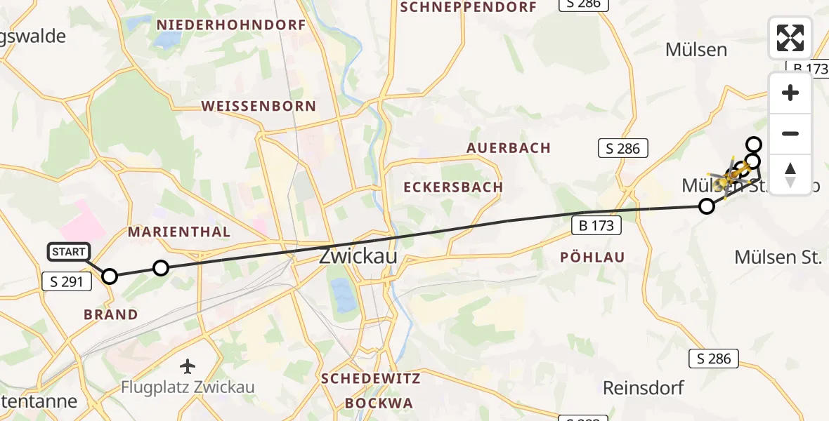Flugroute Rettungshubschrauber ADAC Air Rescue Station Zwickau Heliport - Mülsen, 16 März 2026, 07:55