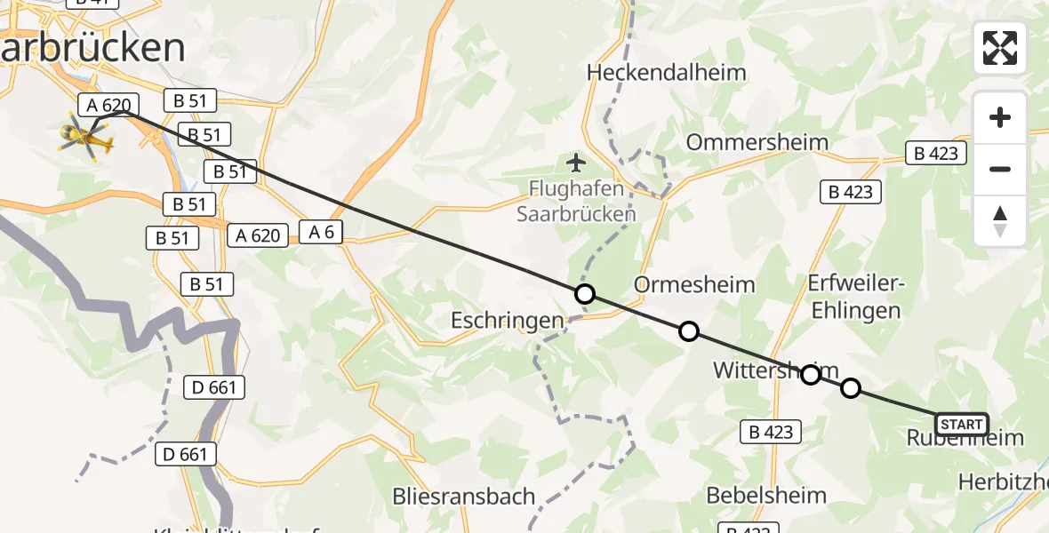 Flugroute Rettungshubschrauber Gersheim - Saarbrücken, 16 März 2026, 07:56
