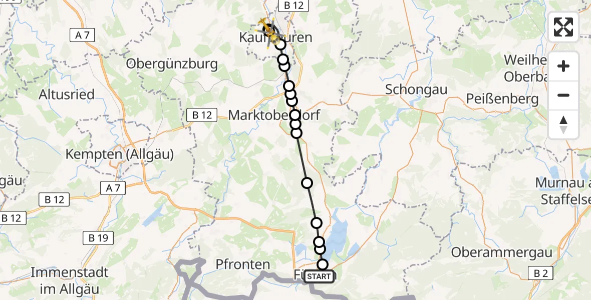 Routekaart van de vlucht: Rettungshubschrauber nach Ostallgäu-Kaufbeuren Hospital