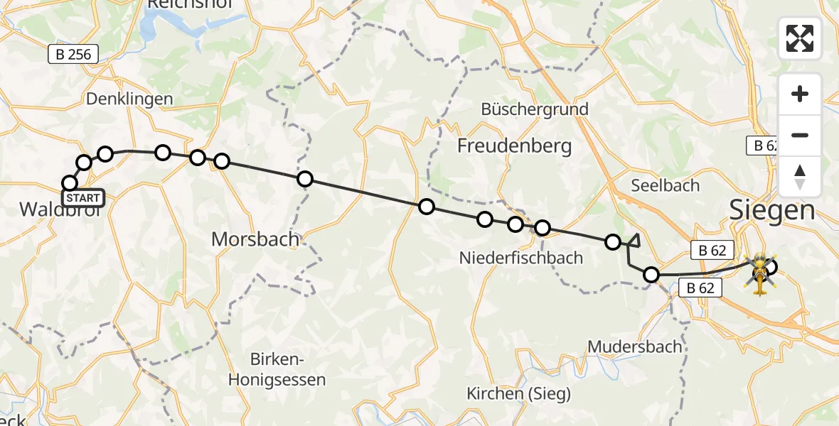 Flugroute Rettungshubschrauber Escherhof - Evangelisches Jung-Stilling Hospital, 16 März 2026, 07:58